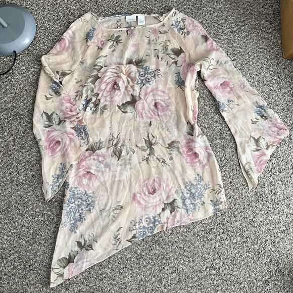 Spiegel Tops - VTG Spiegel Silk Longsleeve Tunic Top Asymmetrical Hem Floral Semi Sheer M Fairy